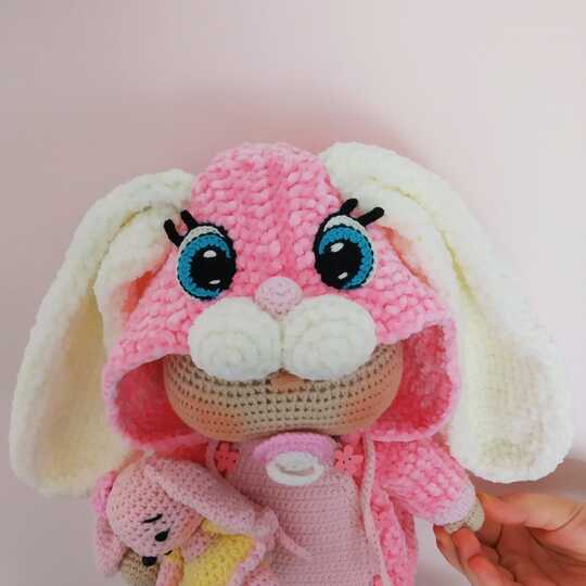 Lulu doll in jumpsuit Bunny pattern, Crochet baby doll pattern 12,6 inch