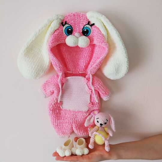 Lulu doll in jumpsuit Bunny pattern, Crochet baby doll pattern 12,6 inch