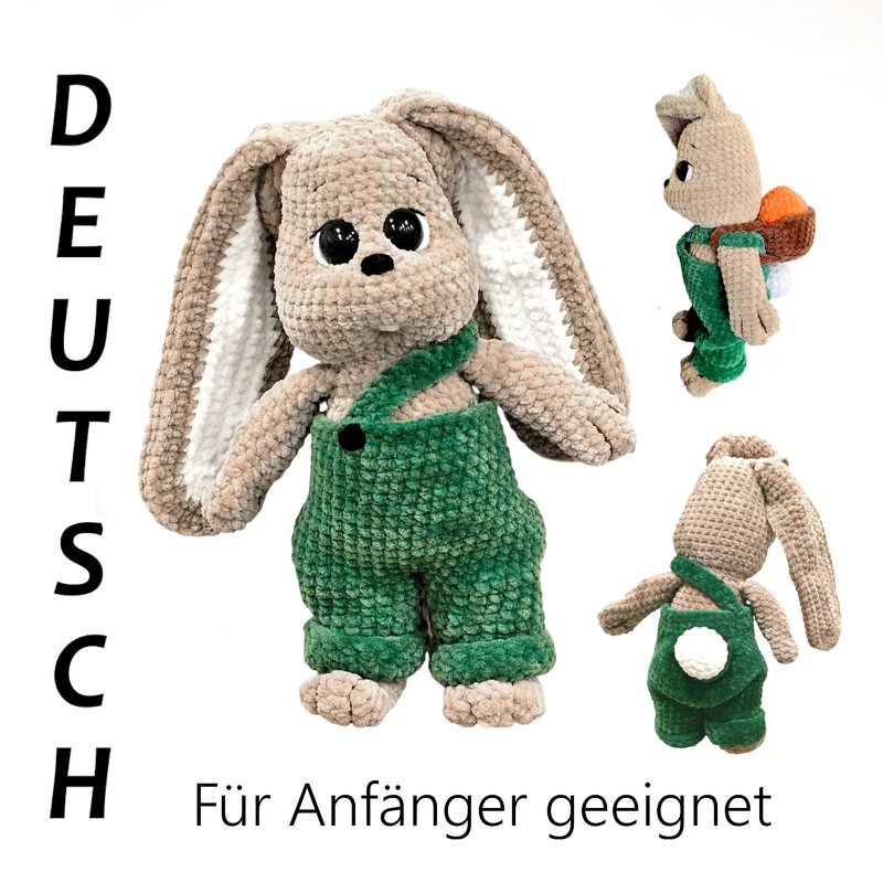 Gehäkelter Amigurumi-Hase mit grüner Latzhose, Rucksack und Pompon-Schwanz, Hinweis: für Anfänger geeignet