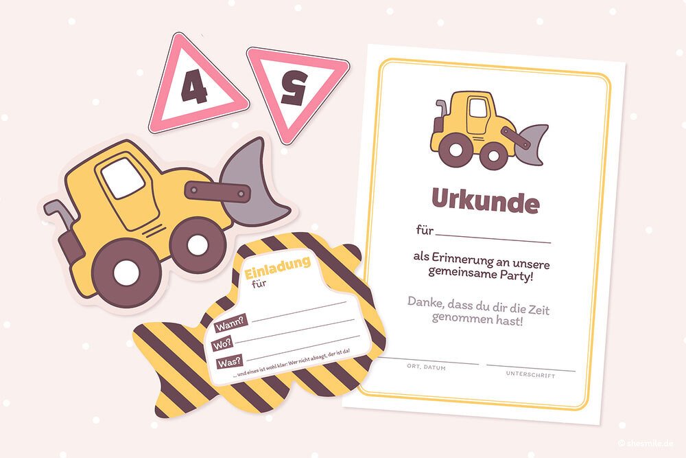 Radlader Rudi (Einladungskarte, Urkunde und Caketopper als Printable)