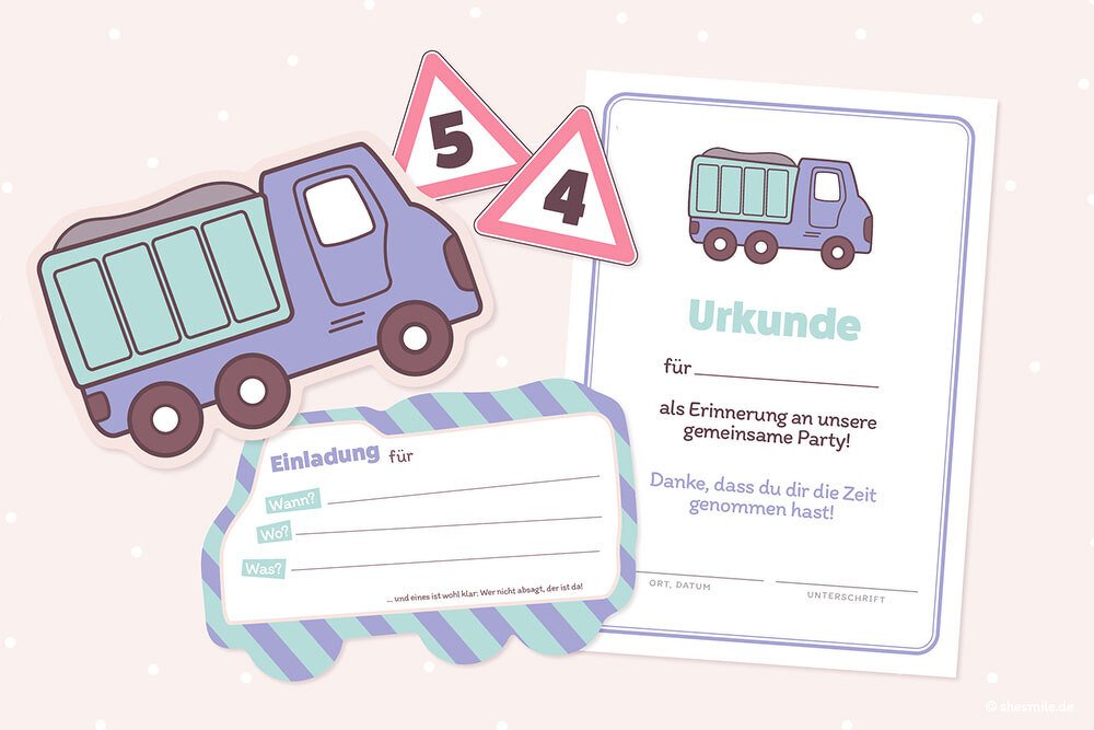 Kipplaster Karl (Einladungskarte, Urkunde und Caketopper als Printable)