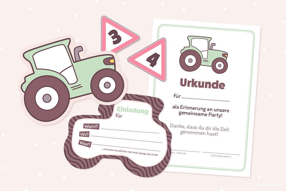 Traktor Tom (Einladungskarte, Urkunde und Caketopper als Printable)