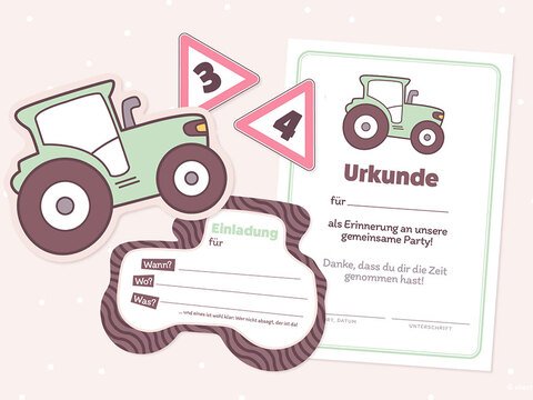 Traktor Tom (Einladungskarte, Urkunde und Caketopper als Printable)