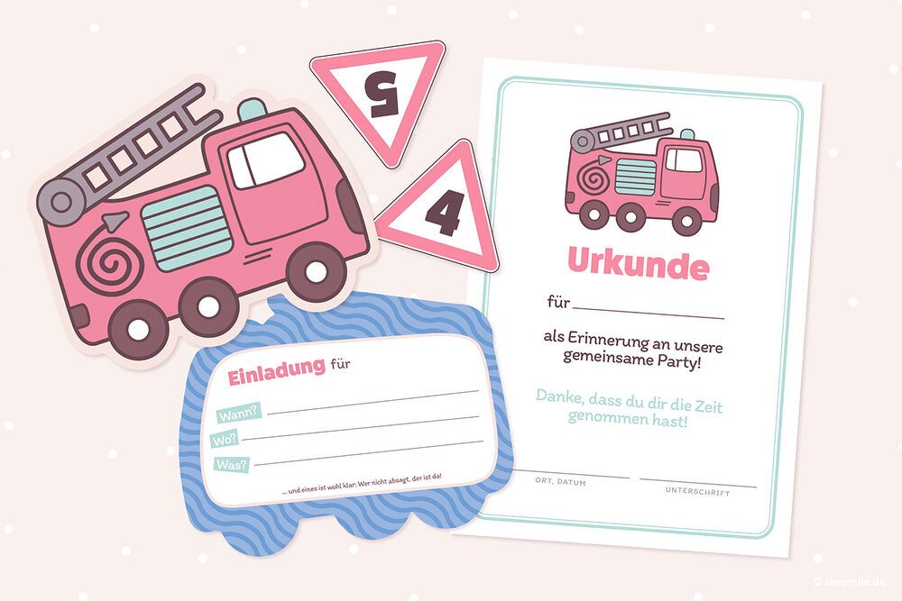 Feuerwehr Fred (Einladungskarte, Urkunde und Caketopper als Printable)