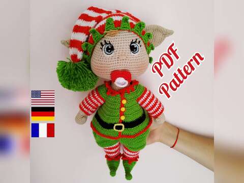Lulu doll in a Christmas elf outfit, amigurumi christmas pattern.