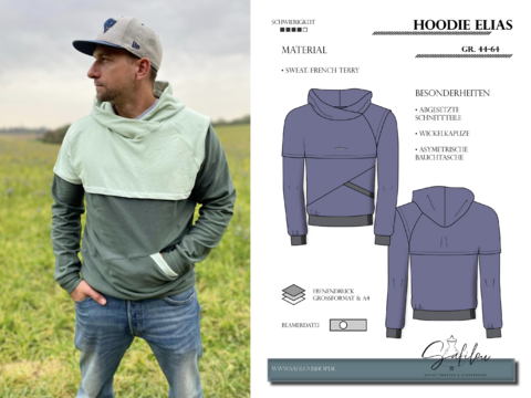 PDF-Schnittmuster Hoodie Elias (Gr. 44-64) moderner Herren-Hoodie