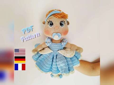 Crocheted Lulu doll in a fluffy blue party dress, Amigurumi doll pattern