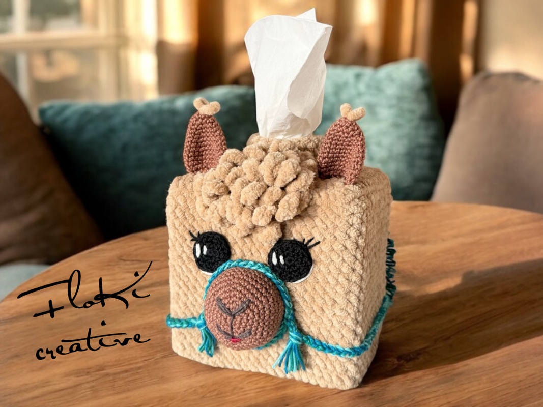 Taschentuchbox Alpaka mit Tasche Häkelanleitung