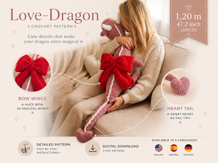 Häkelanleitung XXL Liebesdrache; Amigurumi Drache mit Herz- und Schleife