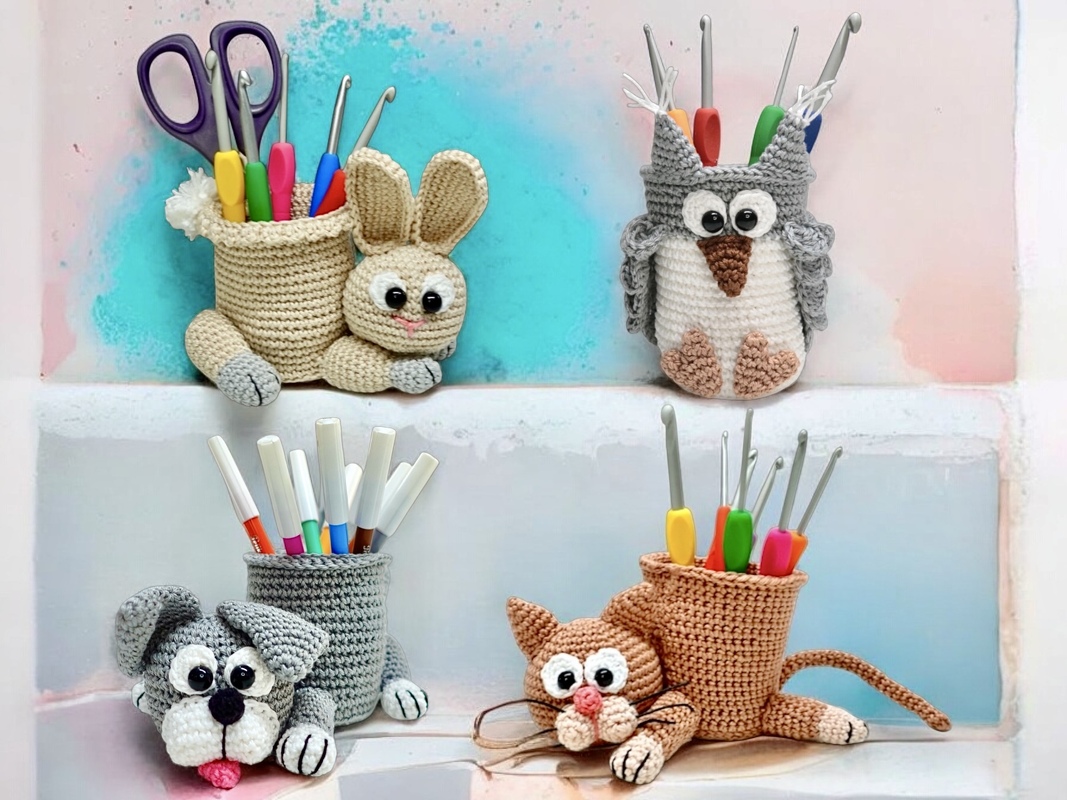 4 Animal pen/needle holder Set - Crochet Pattern