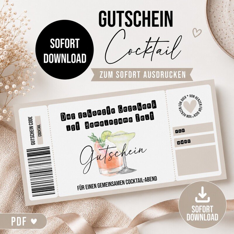 Gutschein zum Ausdrucken COCKTAIL Abend digitale Datei Gutschein DOWNLOAD
