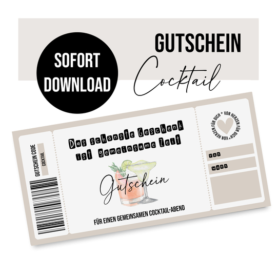 Gutschein zum Ausdrucken COCKTAIL Abend digitale Datei Gutschein DOWNLOAD