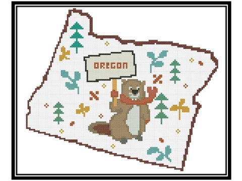 Oregon,beaver cross stitch PDF pattern, USA State Map, XStitch,