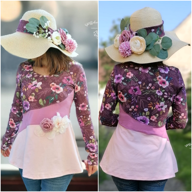 Vorder- und Rückansicht eines Damenkleids mit violettem Blumenoberteil, diagonaler Passe und hellrosa ausgestelltem Rock, kombiniert mit Strohhut
