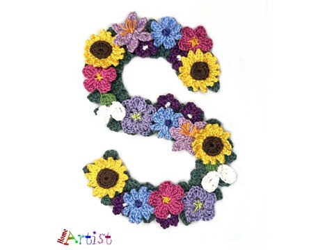 Floral letter S crochet applique