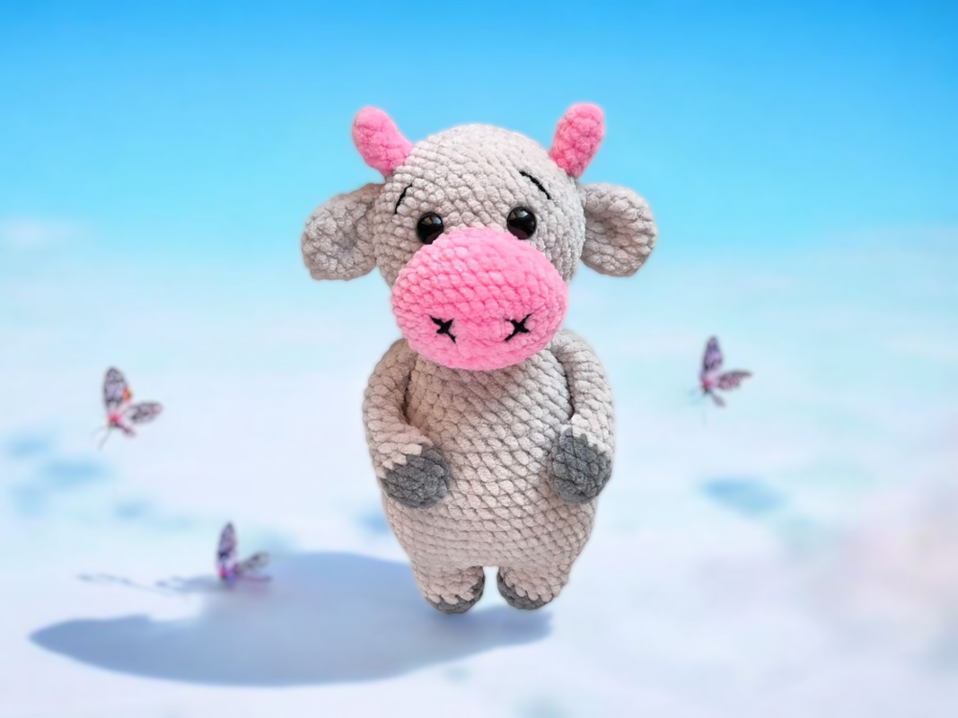 Gehäkelte graue Amigurumi-Kuh mit rosa Schnauze vor hellblauem Hintergrund und Schmetterlingen