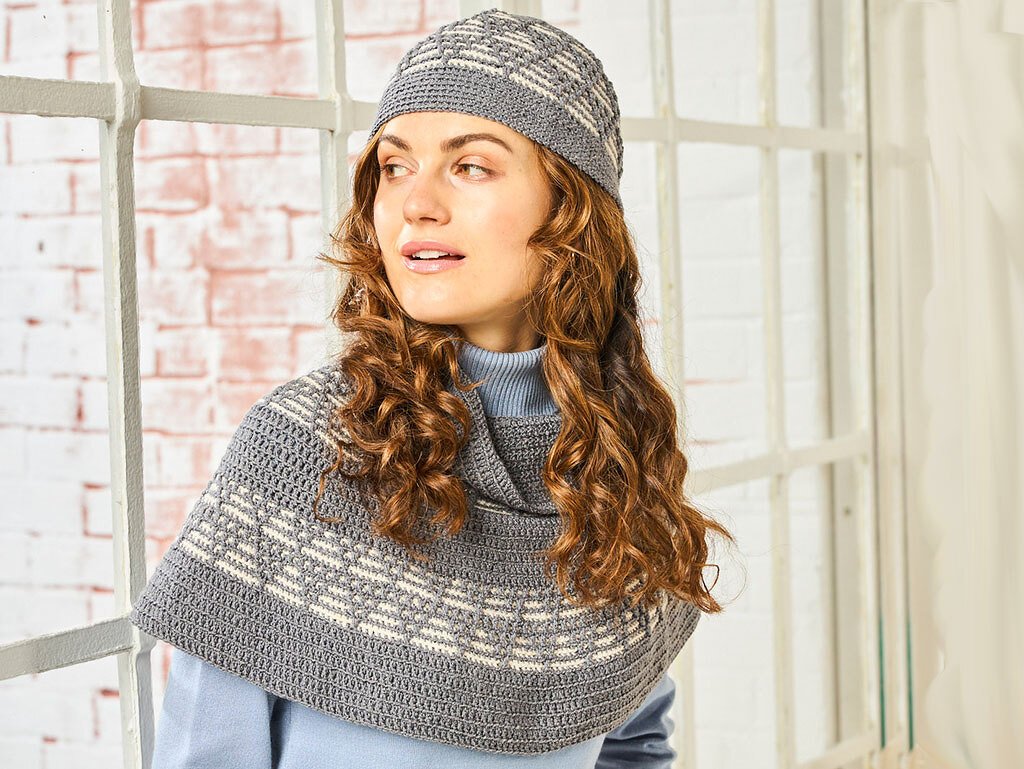 SCHULTER-LOOP + MÜTZE MOSAIK, gehäkelt