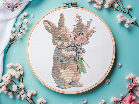 Stickdatei Süßer Hase mit Blumen für Ostern und Frühling