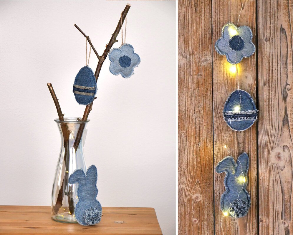 Three denim Easter shapes: egg, bunny and flower hung on jute string beside a glass vase