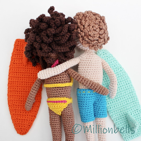 Surf Dolls Boy and Girl Crochet Pattern Amigurumi Surfboards Bikini Shorts