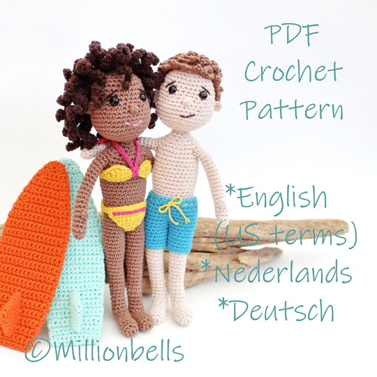 Surf Dolls Boy and Girl Crochet Pattern Amigurumi Surfboards Bikini Shorts