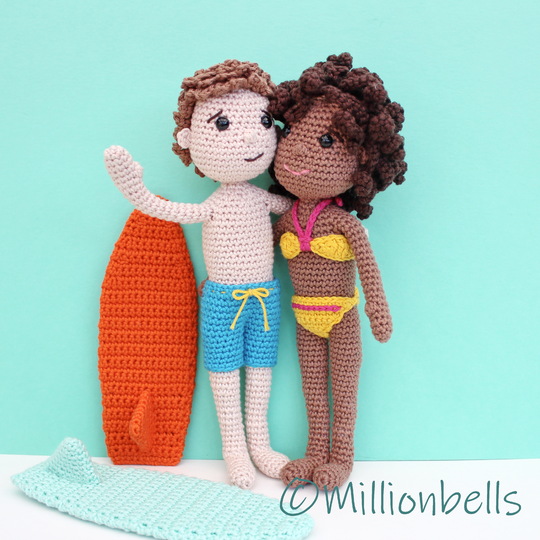 Surf Dolls Boy and Girl Crochet Pattern Amigurumi Surfboards Bikini Shorts