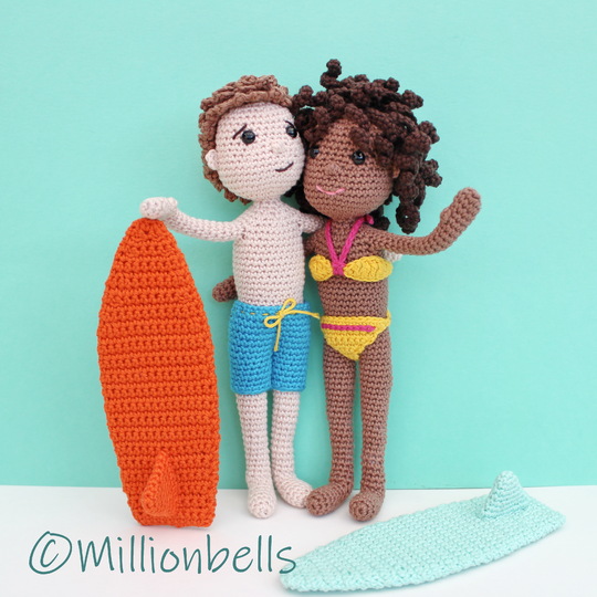 Surf Dolls Boy and Girl Crochet Pattern Amigurumi Surfboards Bikini Shorts