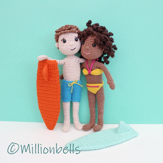 Surf Dolls Boy and Girl Crochet Pattern Amigurumi Surfboards Bikini Shorts
