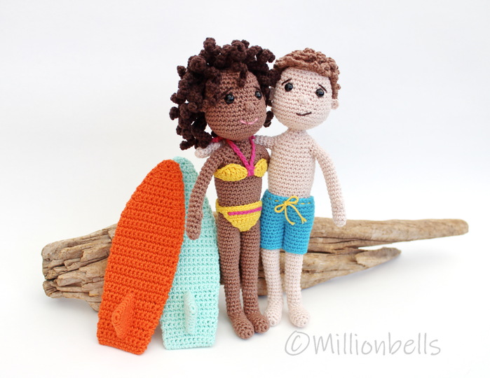 Surf Dolls Boy and Girl Crochet Pattern Amigurumi Surfboards Bikini Shorts