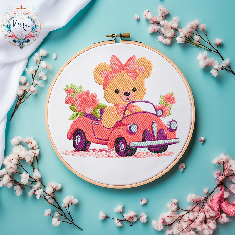 Bärchen MIT Einem AUTO Voller Blumen Stickdatei Kinder