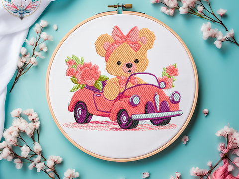 Bärchen MIT Einem AUTO Voller Blumen Stickdatei Kinder