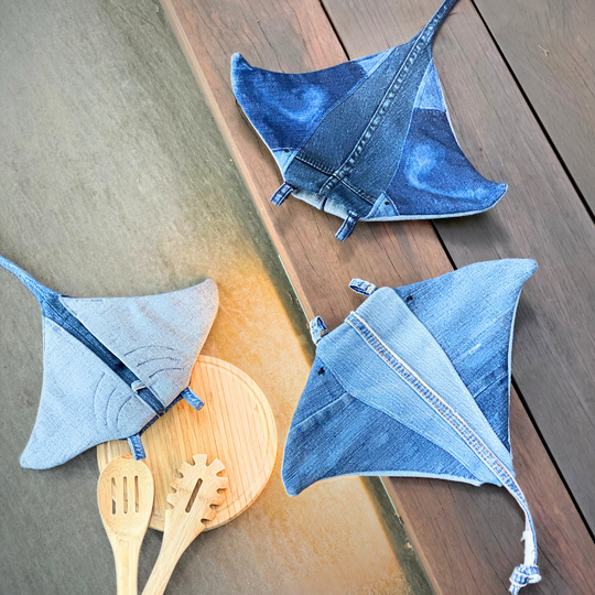 Topflappen nähen, Mantarochen Schnittmuster, nähen mit alten Jeans-Resten