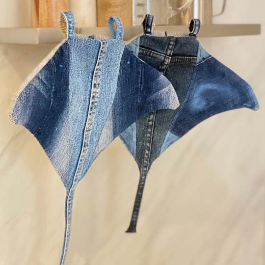 Topflappen nähen, Mantarochen Schnittmuster, nähen mit alten Jeans-Resten