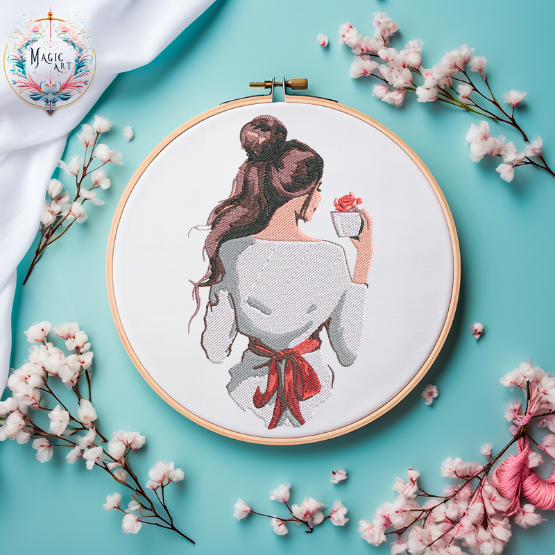 Stickdatei Mädchen MIT Einer Schleife UND Kaffee