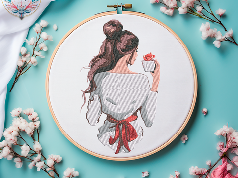 Stickdatei Mädchen MIT Einer Schleife UND Kaffee