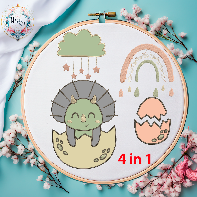 Stickdatei DINO SET 1 Applikation Dinoei Wolke Regenbogen