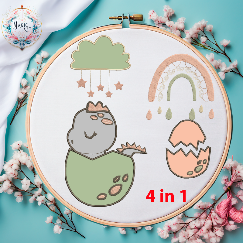 Stickdatei DINO SET 2 Applikation Dinoei Wolke Regenbogen