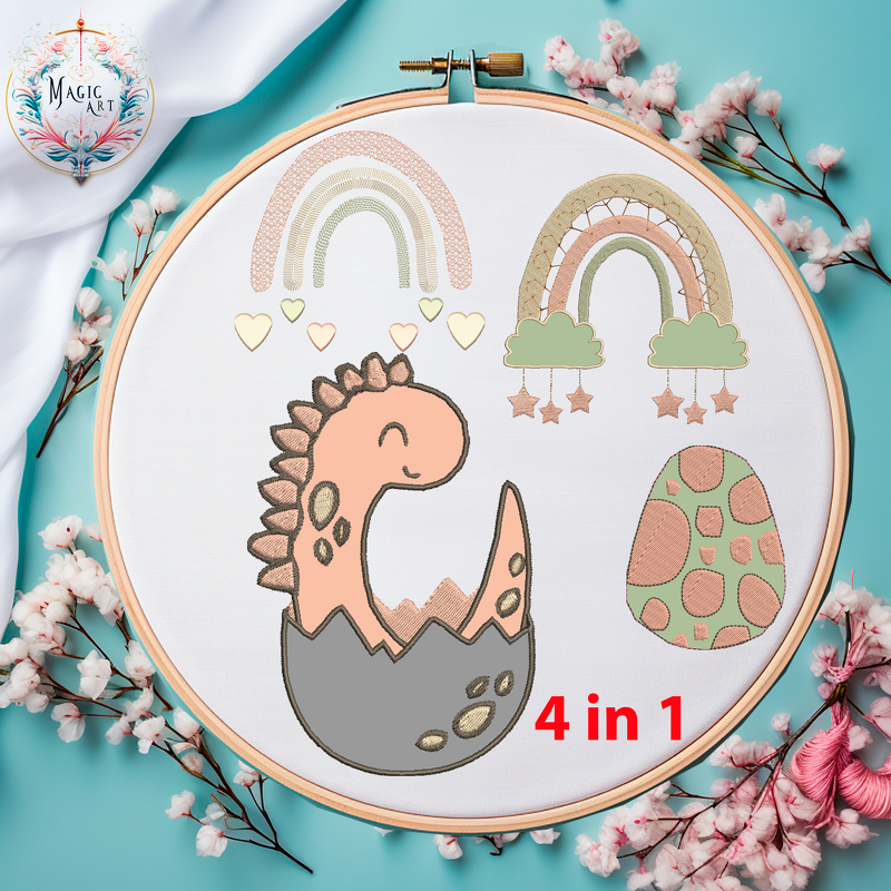 Stickdatei Dinoset 3 Applikation DINO Regenbogen Dinoei