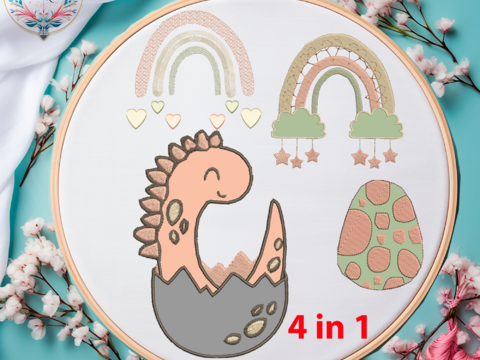Stickdatei Dinoset 3 Applikation DINO Regenbogen Dinoei