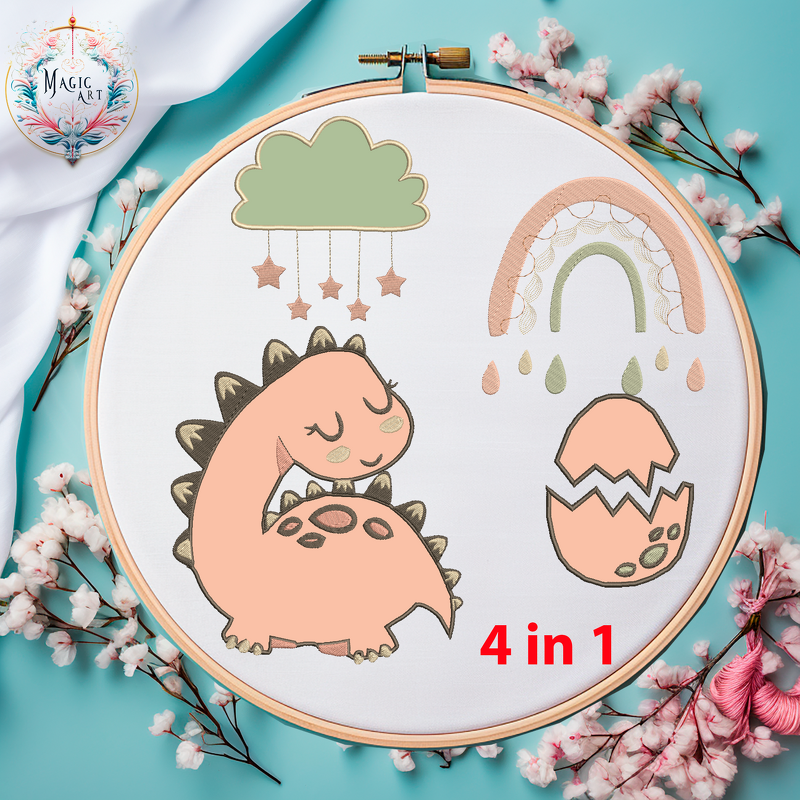 Stickdatei Dinoset 6 Applikation Regenbogen Dinoei Wolke
