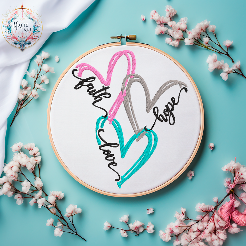 Stickdatei DREI Herzen Faith HOPE LOVE