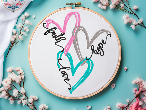 Stickdatei DREI Herzen Faith HOPE LOVE