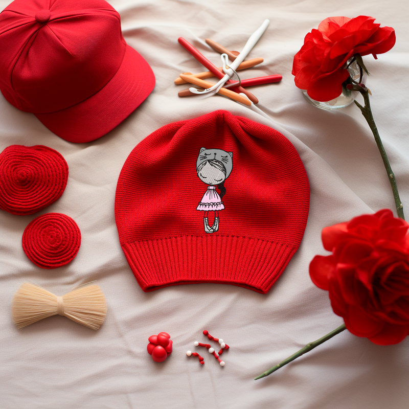Rote Kinderstrickmütze mit aufgesticktem Mädchenmotiv, dekorativ arrangiert mit Nähutensilien und Blumen.