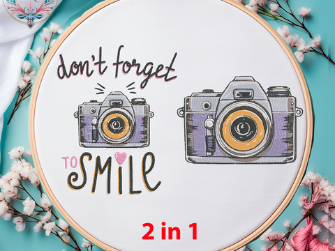Stickdatei Retro Kamera DON`T Forget TO Smile SET