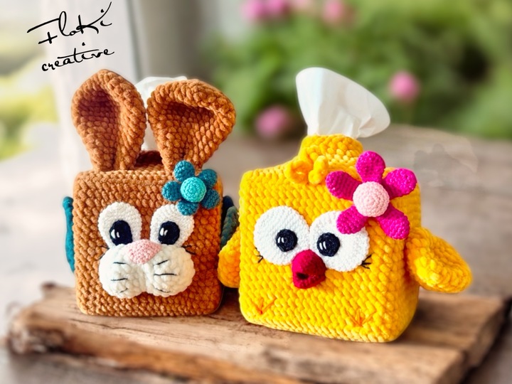 Sparset Taschentuchboxen Hase und Küken mit Taschen, Häkelanleitungen