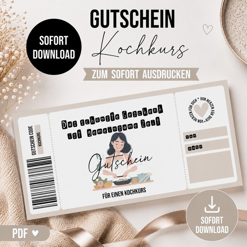 Gutschein zum Ausdrucken KOCHKURS digitale Datei Gutschein DOWNLOAD
