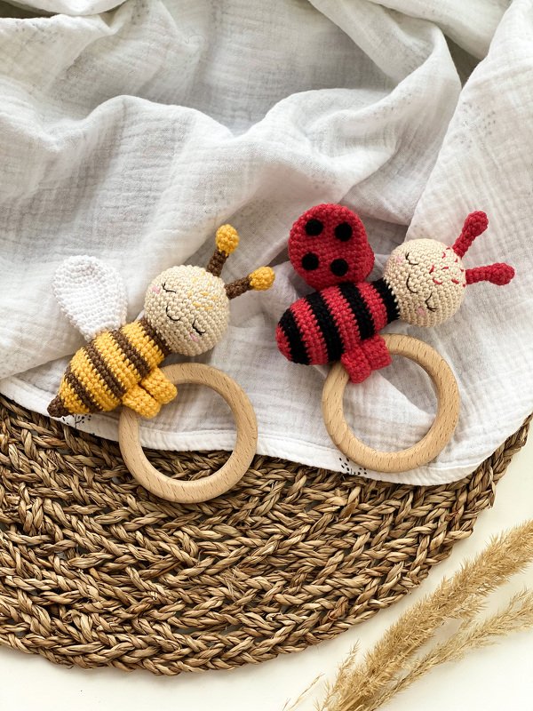 Baby toys Amigurumi pattern, Crochet teether Bee and Ladybug, baby rattles - Image 3
