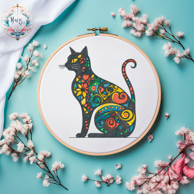 Katzen Stickdatei MIT Einem Ornament Patch Vollstickdatei