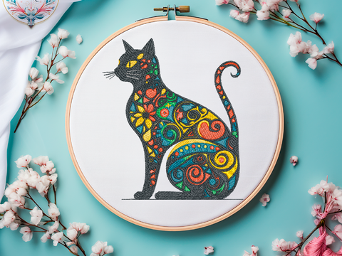 Katzen Stickdatei MIT Einem Ornament Patch Vollstickdatei