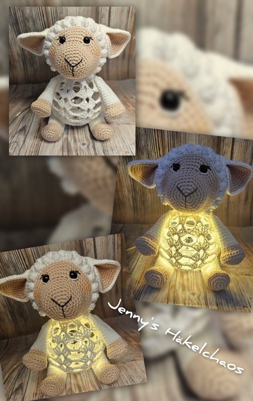 Gehäkeltes Amigurumi‑Schaf sitzend mit durchbrochenem Häkelbauch und Innenbeleuchtung